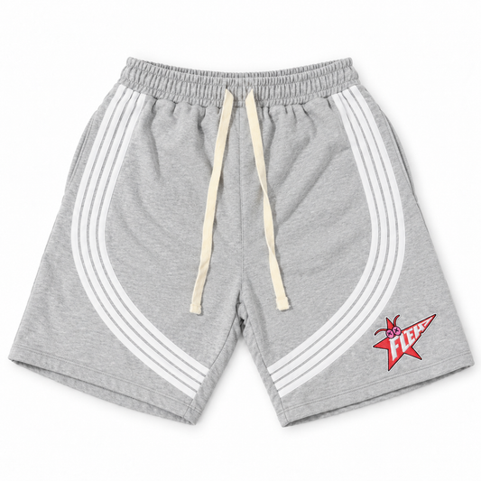 Gray FLEA STAR shorts with white curved stripes, cream drawstrings, and a red FLEA star graphic