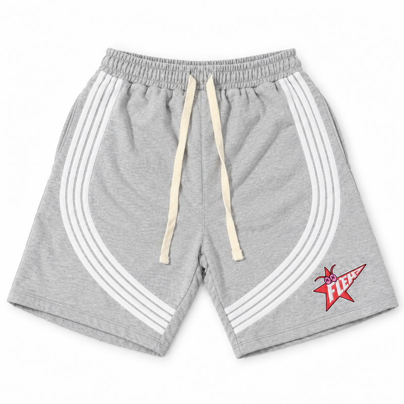 Gray FLEA STAR shorts with white curved stripes, cream drawstrings, and a red FLEA star graphic