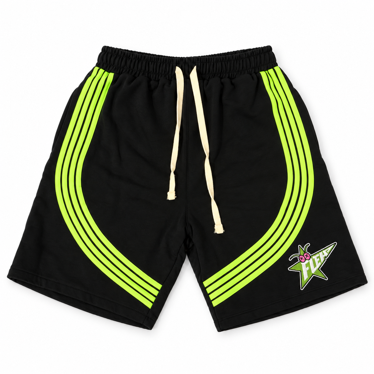 FLEA STAR black shorts with neon-green curved stripes, cream drawstrings, and a FLEA star graphic