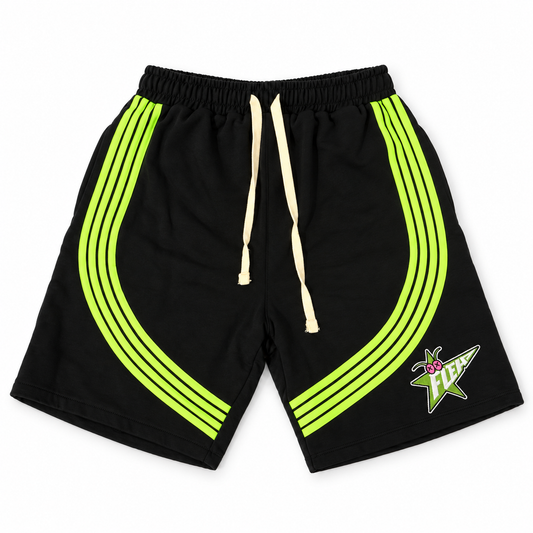FLEA STAR black shorts with neon-green curved stripes, cream drawstrings, and a FLEA star graphic