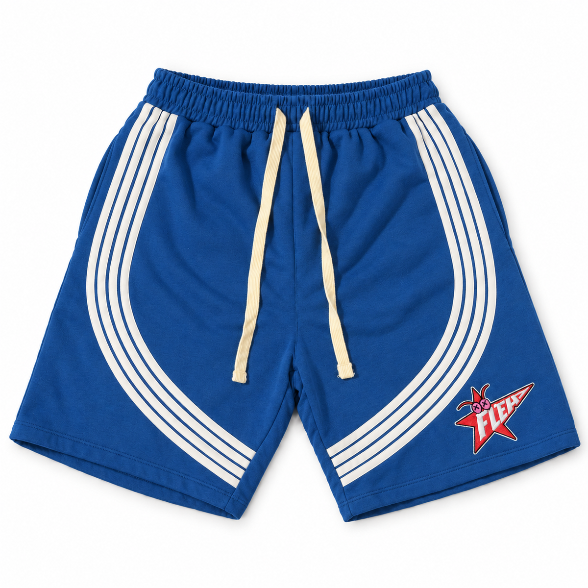 Blue FLEA STAR shorts with white curved stripes, cream drawstrings, and a red FLEA star graphic
