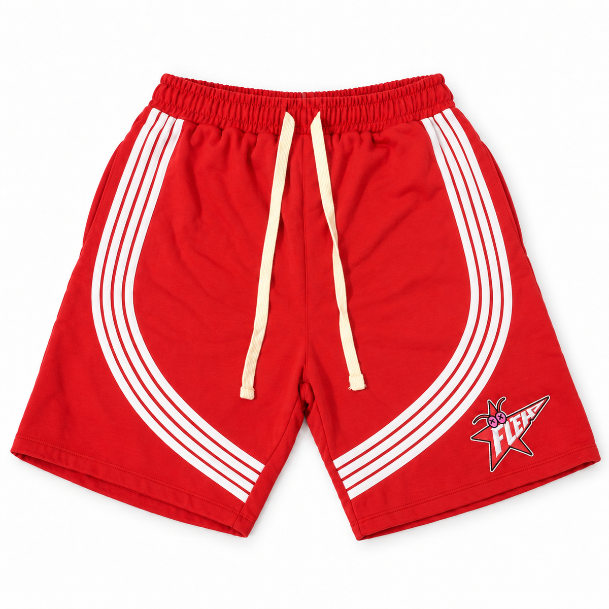 Red FLEA STAR shorts with white curved stripes, cream drawstrings, and a FLEA star graphic