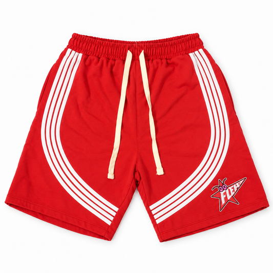 Red FLEA STAR shorts with white curved stripes, cream drawstrings, and a FLEA star graphic