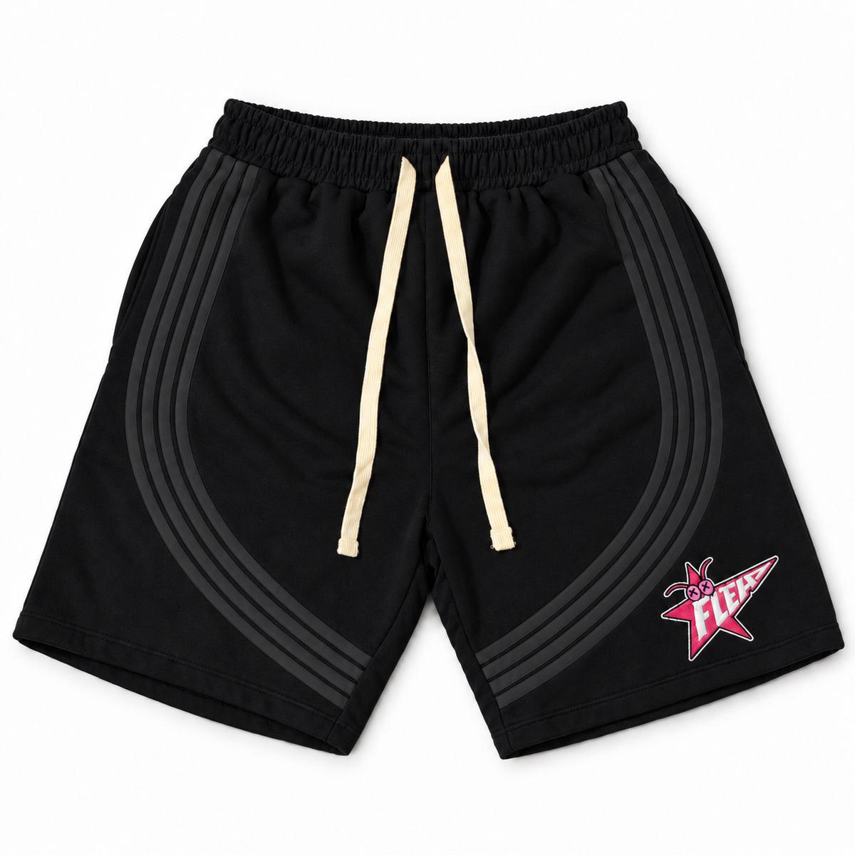Black FLEA STAR shorts with dark gray curved stripes, cream drawstrings, and a pink and white FLEA star graphic