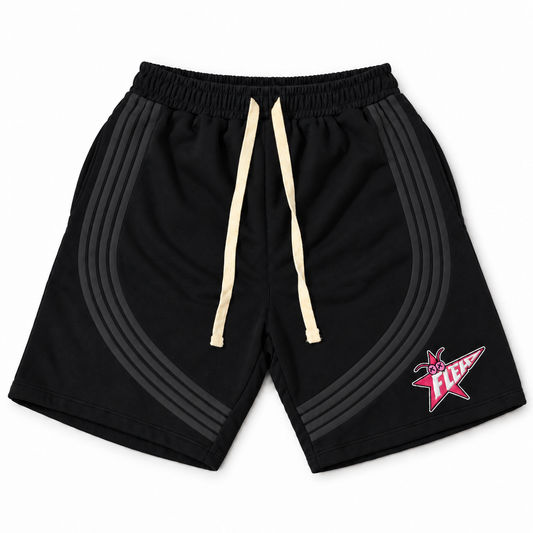 Black FLEA STAR shorts with dark gray curved stripes, cream drawstrings, and a pink and white FLEA star graphic
