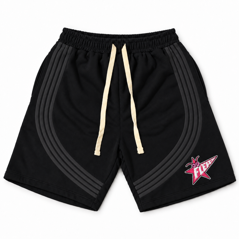 Black FLEA STAR shorts with dark gray curved stripes, cream drawstrings, and a pink and white FLEA star graphic